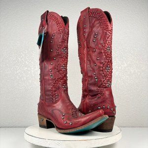 Lane COSSETTE Red Cowboy Boots Womens 8 Leather Western Wear Snip Toe Tall Studs